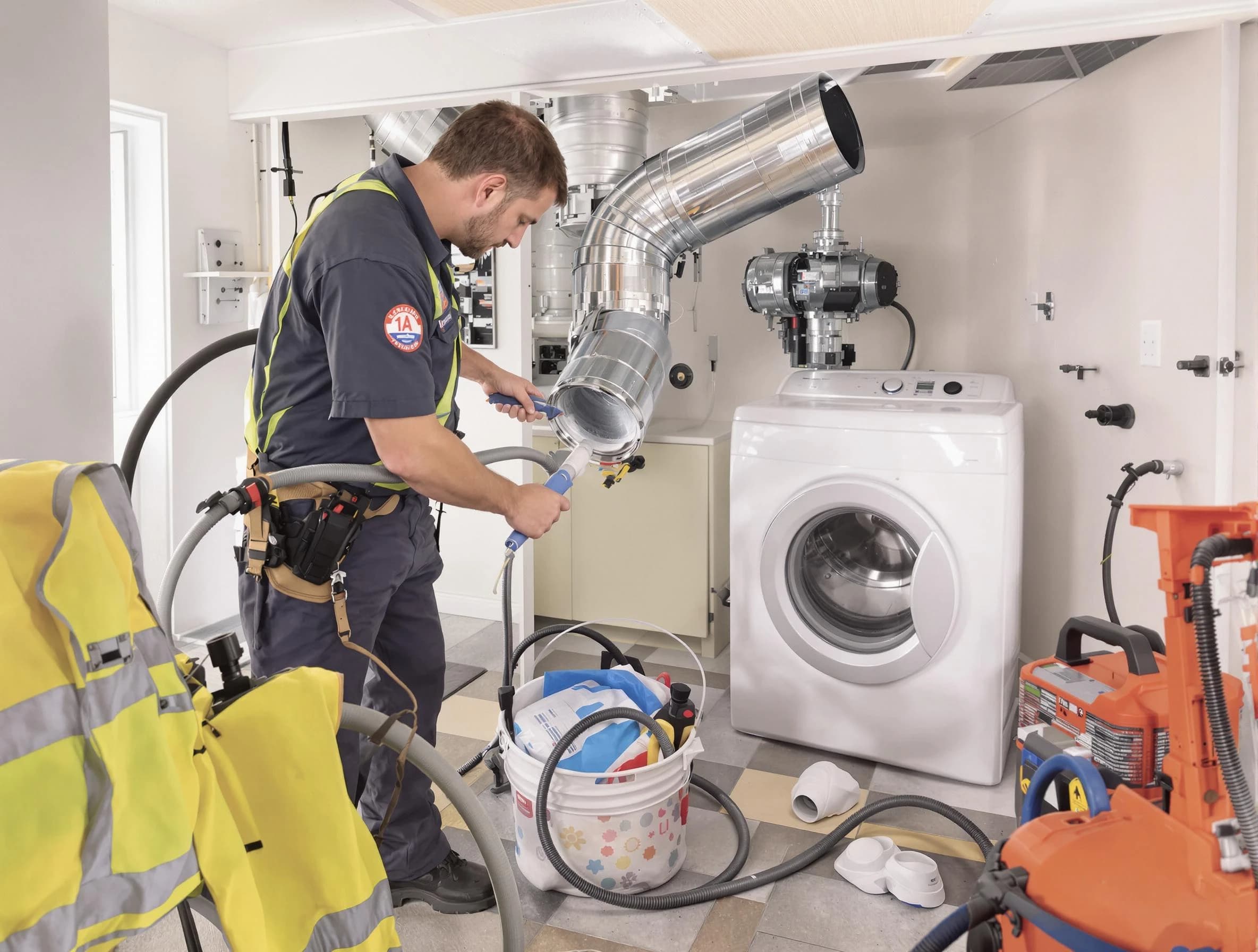 San Tan Valley Dryer Vent Cleaning technician using specialized equipment to clear severe dryer vent blockage in San Tan Valley