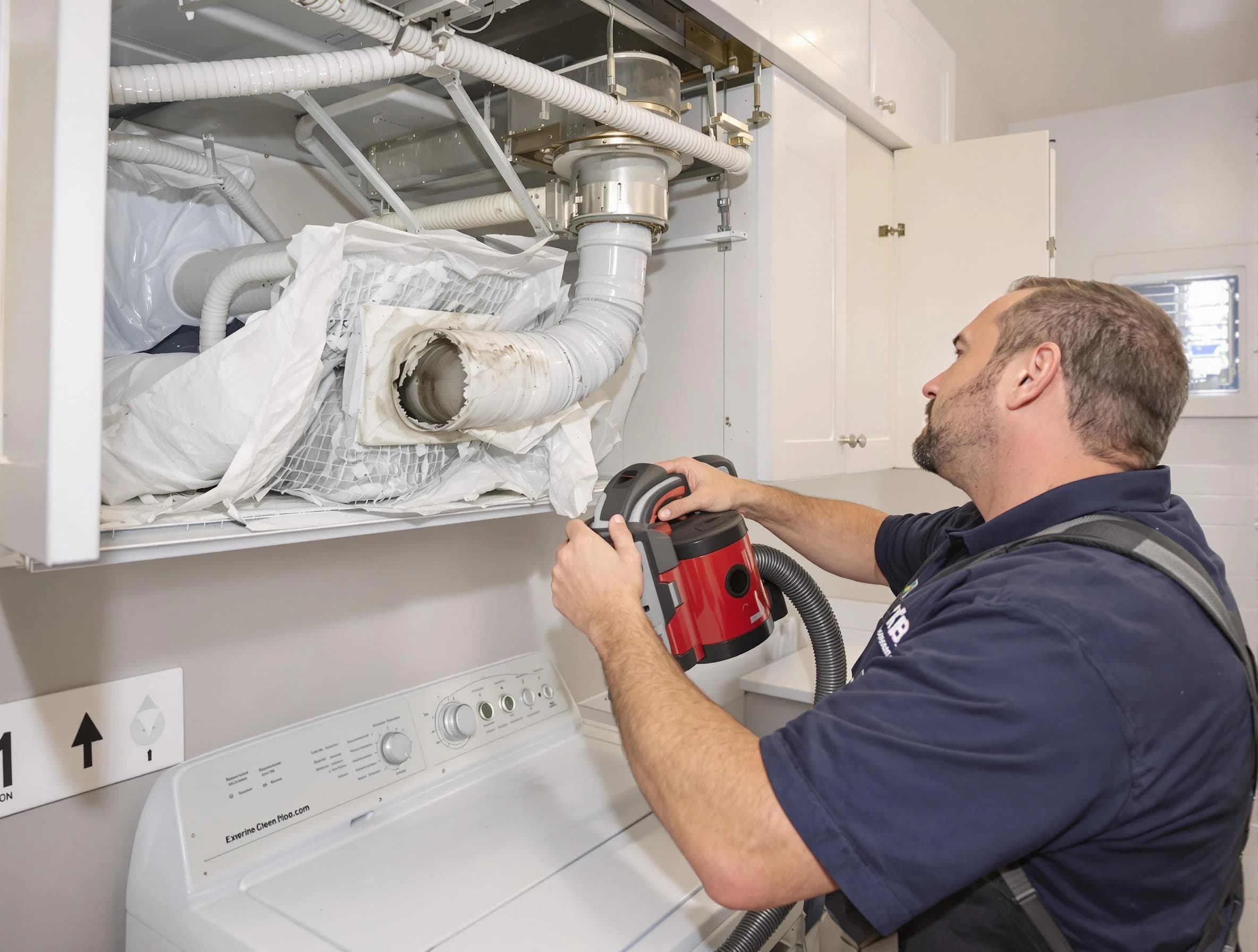 San Tan Valley Dryer Vent Cleaning technician performing professional exhaust vent cleaning at a residential property in San Tan Valley