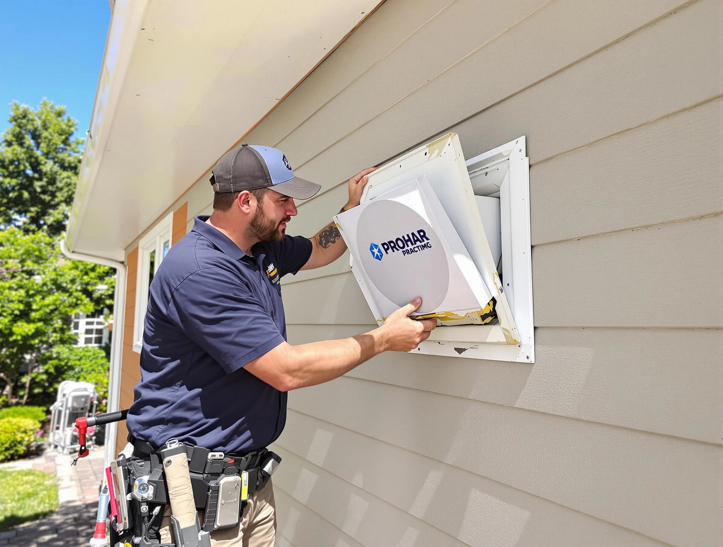 San Tan Valley Dryer Vent Cleaning technician installing a new protective dryer vent cover on a home in San Tan Valley