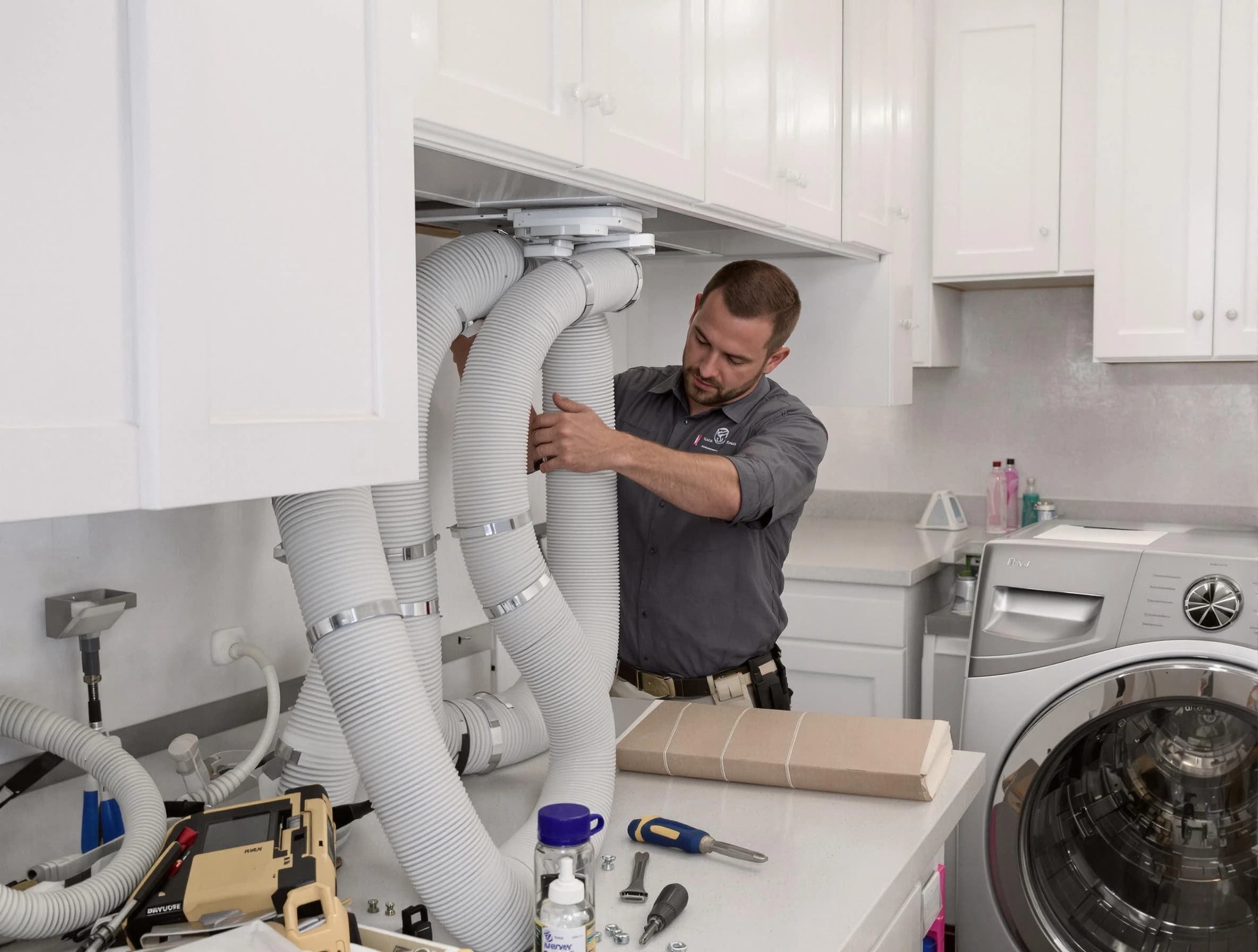 San Tan Valley Dryer Vent Cleaning technician installing a new professional-grade dryer vent hose in San Tan Valley