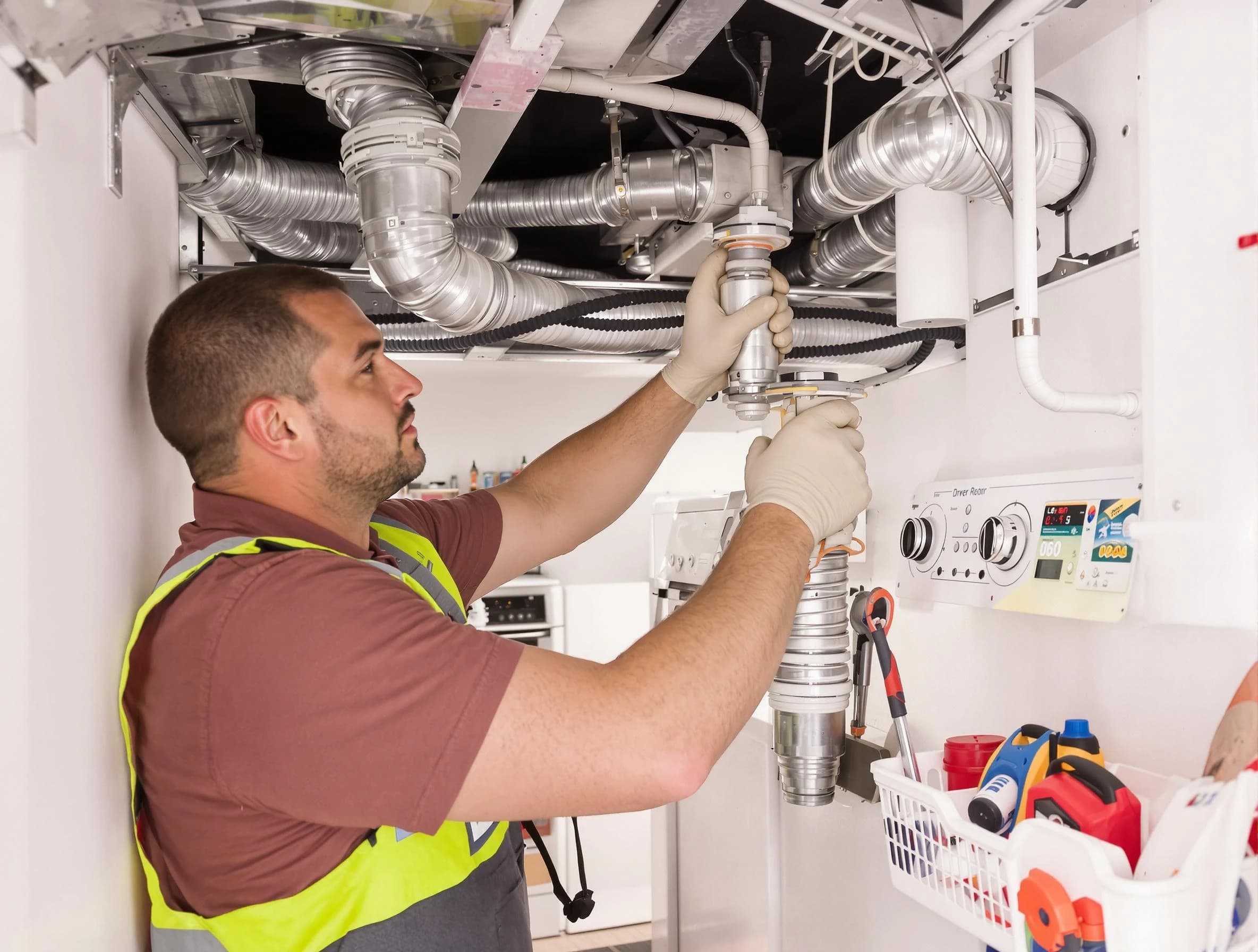 San Tan Valley Dryer Vent Cleaning expert performing both repair and installation work on a dryer vent system in San Tan Valley