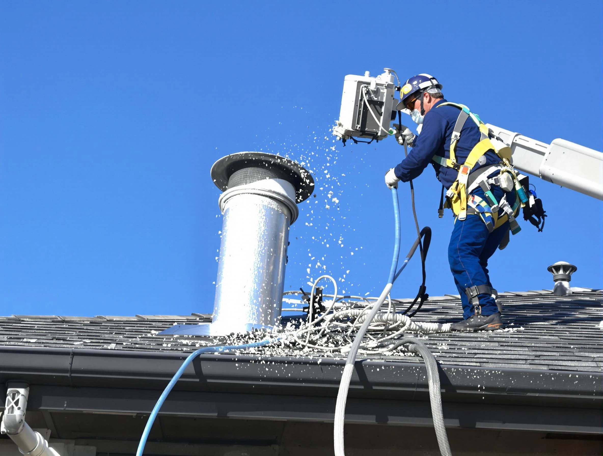 San Tan Valley Dryer Vent Cleaning certified technician safely cleaning a roof-mounted dryer vent in San Tan Valley