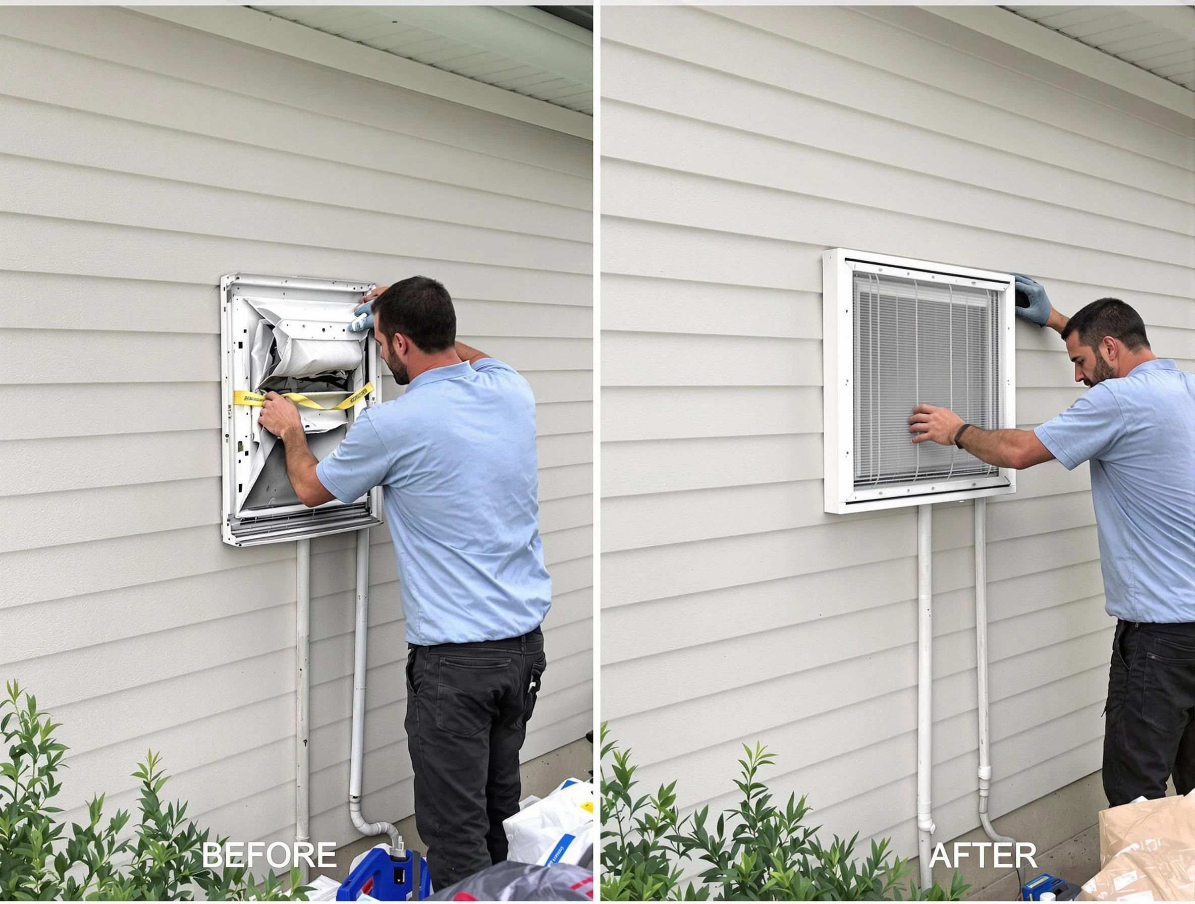 San Tan Valley Dryer Vent Cleaning technician installing high-quality dryer vent cover at a residential property in San Tan Valley